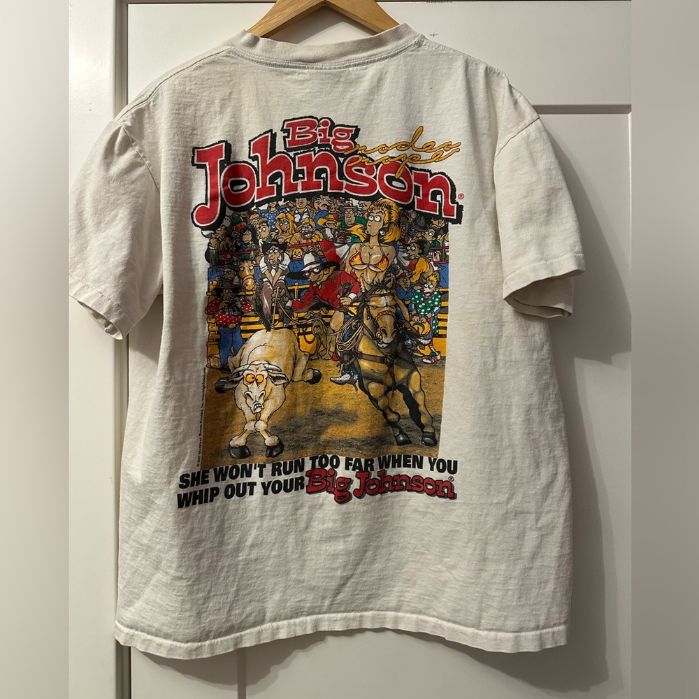 vintage Big Johnson t-shirt rodeo graphic, always riding hard on a saddle!